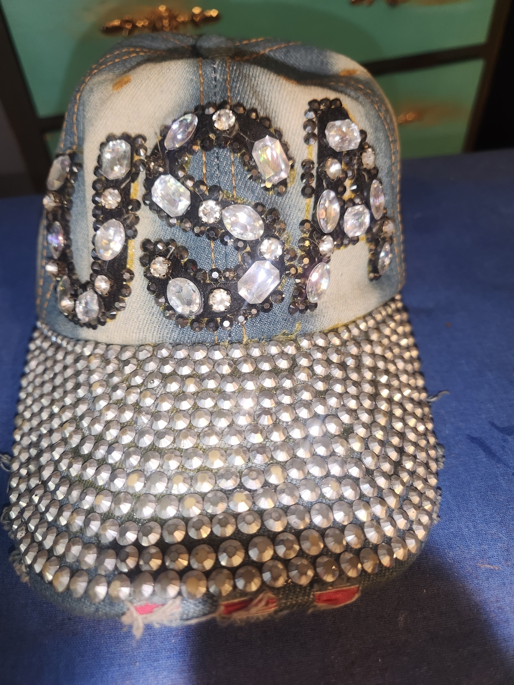 Denim Crystal Embellished Baseball Cap